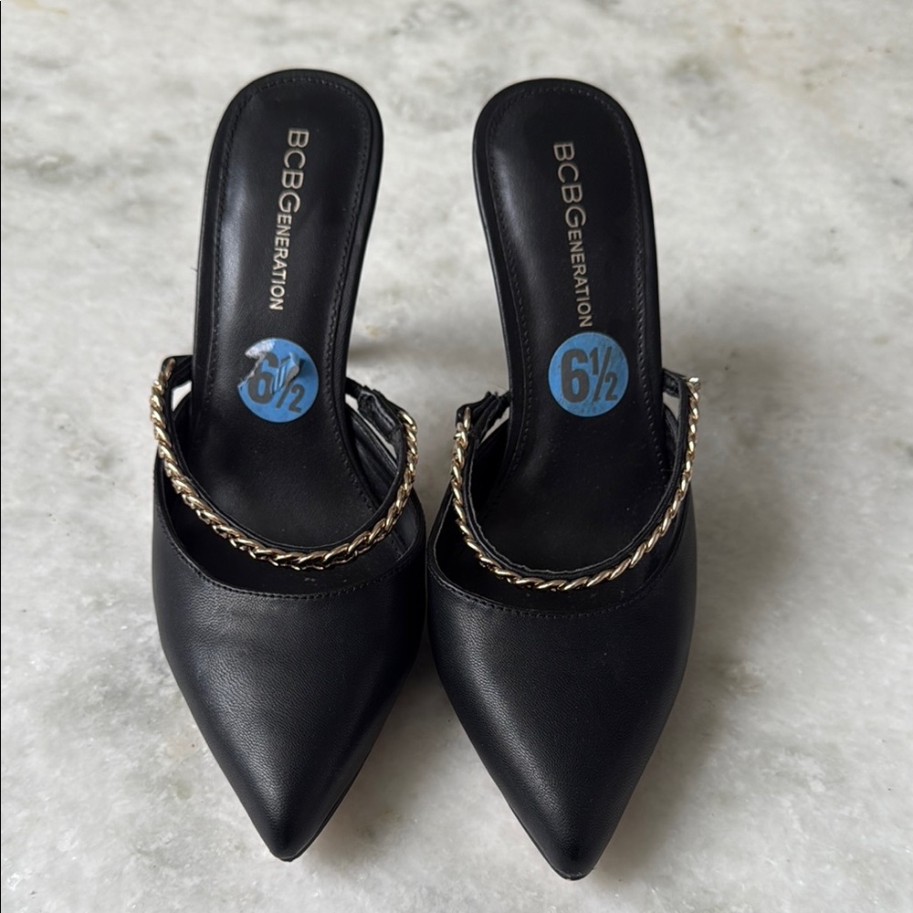 BCBGeneration Black Heels with Pointed Toe and Metallic Trim